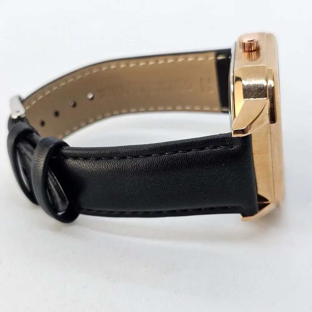 Men's Watch 42MM Black Dial‎ Gold Case Black Leather Band Straps Date Indicator